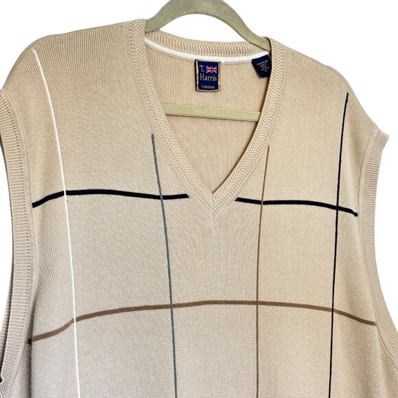 T. Harris London Beige Plaid V-Neck Sweater Vest XL100% Cotton Preppy Academia - Picture 2 of 10